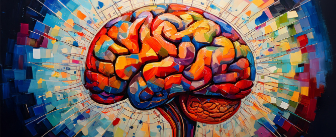 Vibrant abstract painting of a human brain surrounded by colourful blocks and radial lines, symbolising cognitive processes and human-centred design thinking.